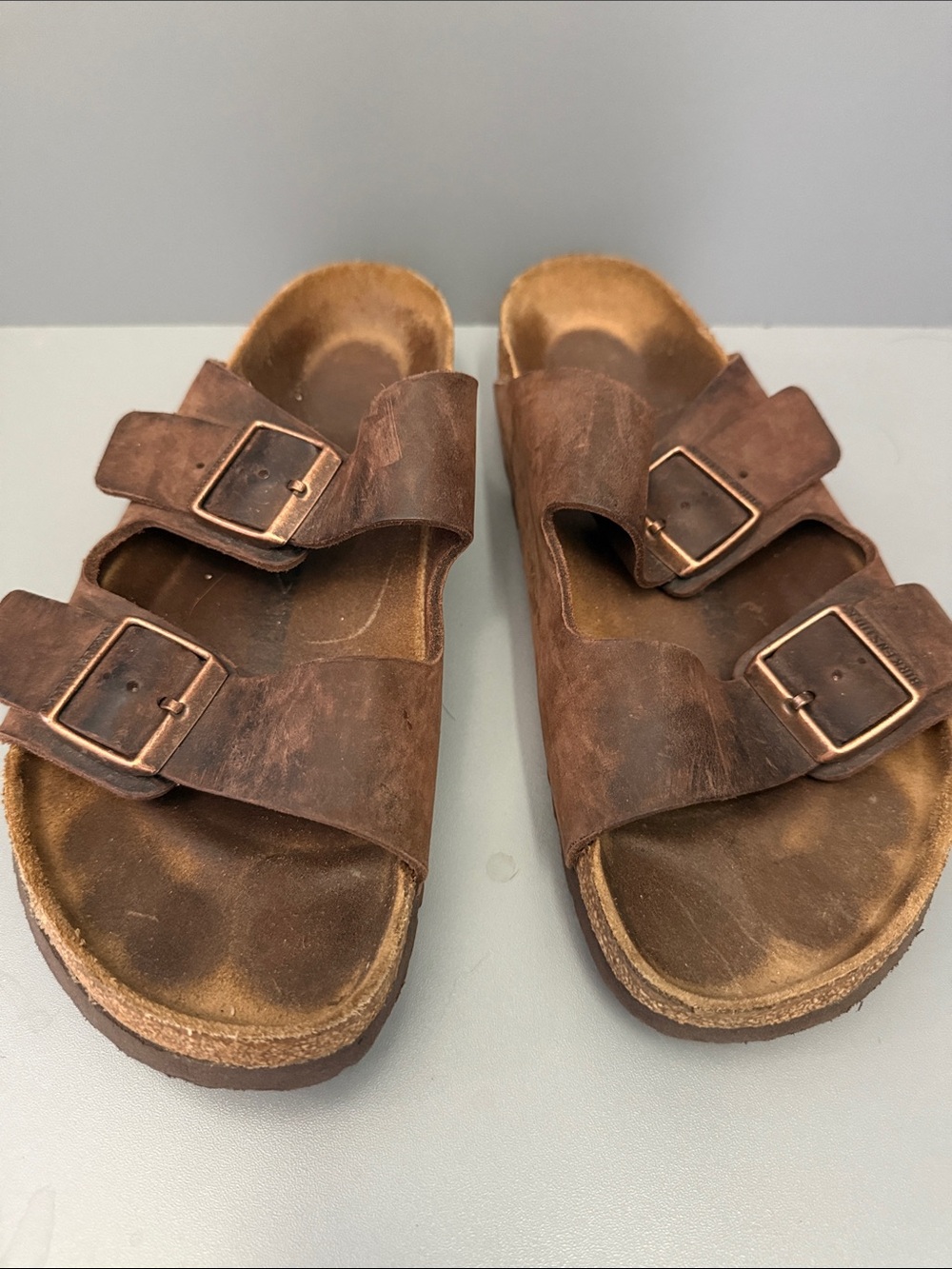 Birkenstock Brown Arizona Two-Strap Sandals with Metal Buckles Sz 10